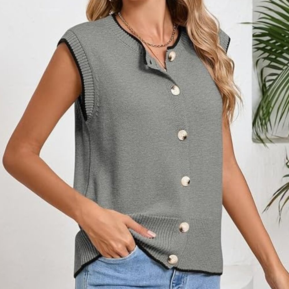 Women's Crew Neck, Button-Down, Sleeveless Sweater Vest Tank Top, Large (NWOT)